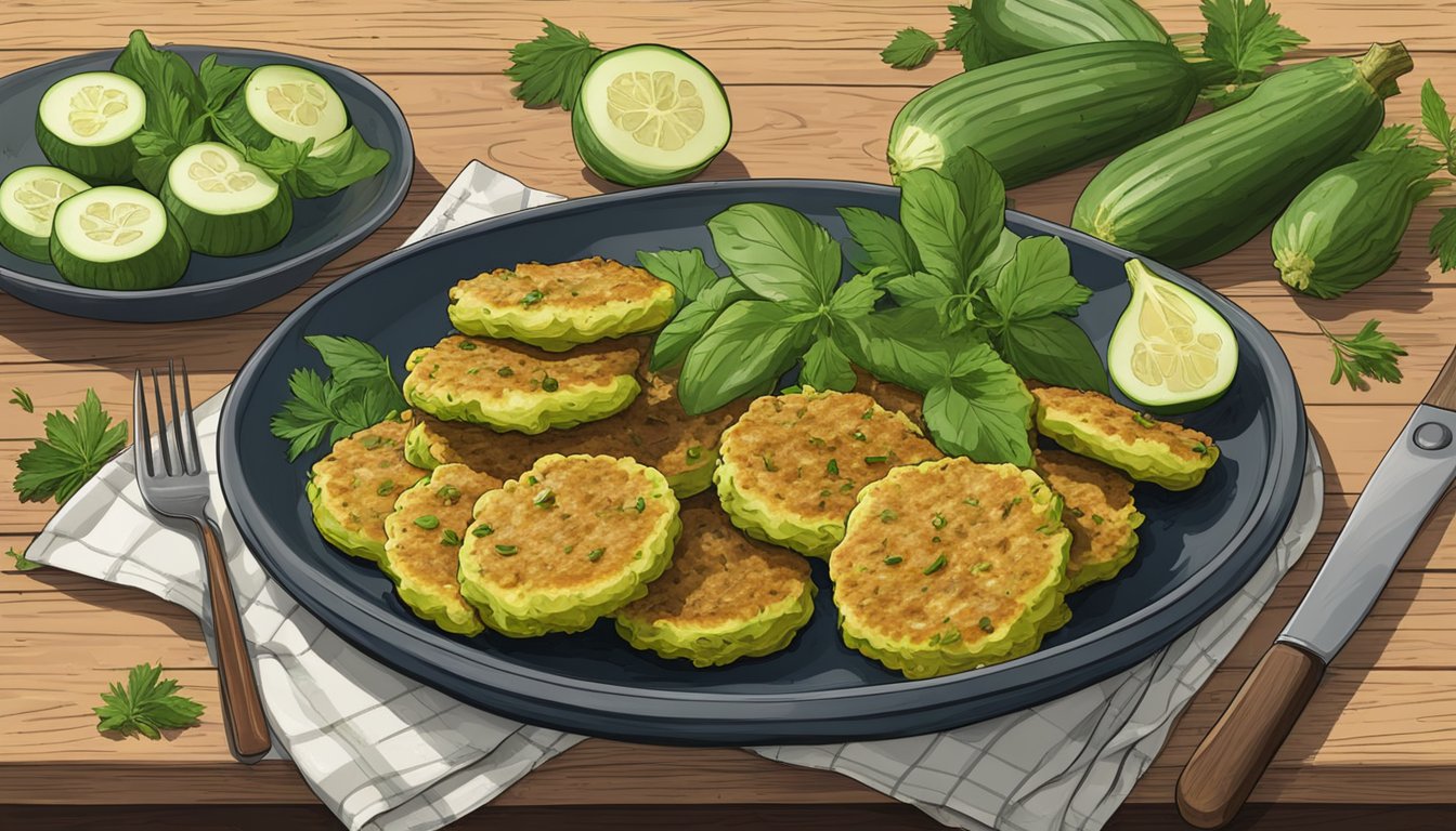 A plate of zucchini end fritters surrounded by fresh zucchini and herbs on a rustic wooden table