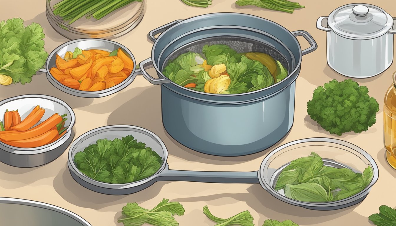 A pot simmering with vegetable scraps, a strainer held over a container to strain and store the homemade stock