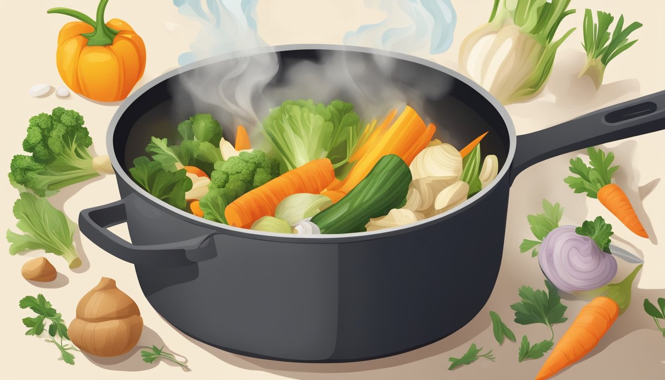 A variety of vegetable scraps simmer in a large pot of water on a stovetop, emitting a rich, savory aroma. A wooden spoon stirs the mixture as steam rises from the pot