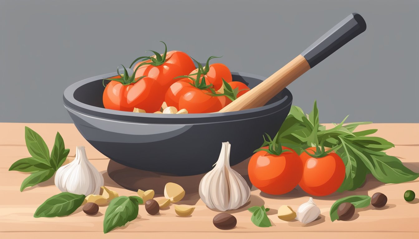 A mortar and pestle crushing fresh tomato leaves and garlic, with a drizzle of olive oil and pine nuts nearby