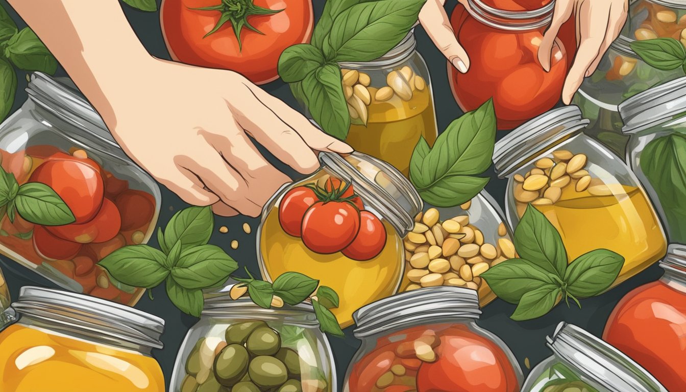 A hand reaching for ripe tomatoes and fresh basil leaves, surrounded by jars of olive oil and pine nuts