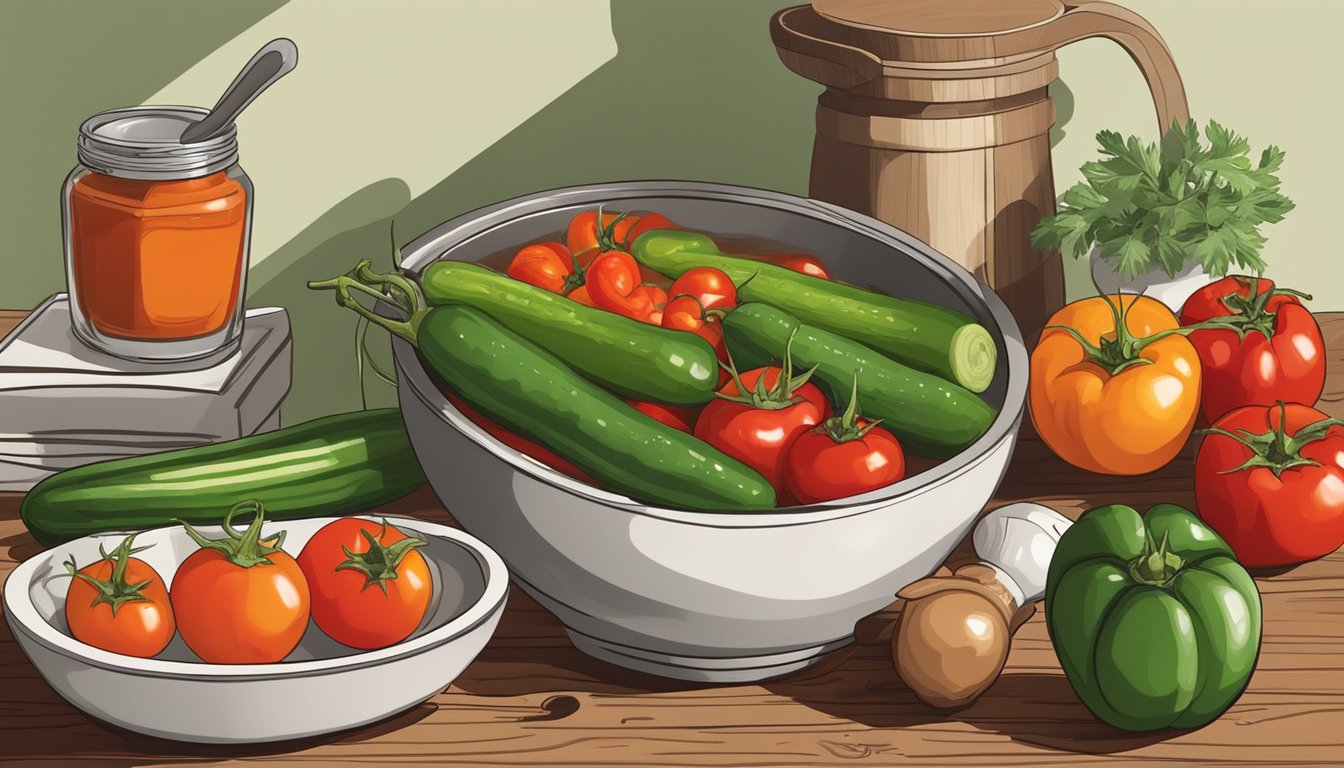 A rustic kitchen table with fresh tomatoes, cucumbers, bell peppers, and onions, surrounded by a mortar and pestle, a cutting board, and a bowl of gazpacho