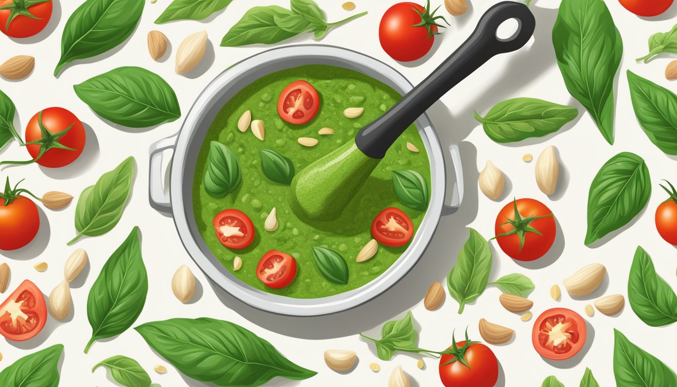 A mortar and pestle crushing fresh basil, tomatoes, garlic, and pine nuts into a vibrant green pesto sauce, with scattered tomato leaves