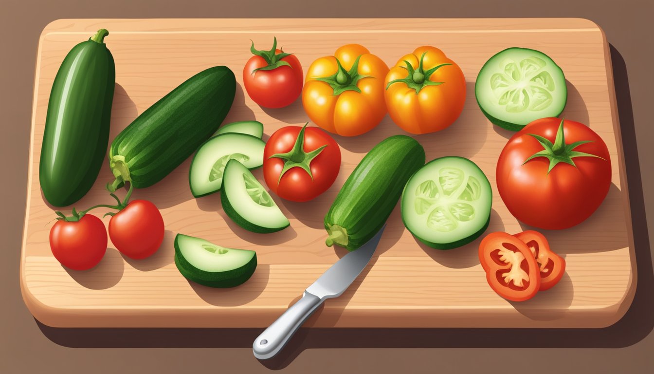 Fresh tomatoes, cucumbers, and bell peppers being chopped on a wooden cutting board for gazpacho