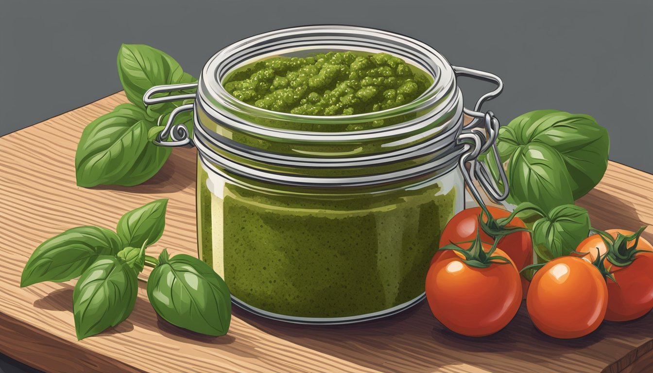 A jar of tomato leaf pesto surrounded by freshly picked tomatoes and basil leaves on a wooden cutting board