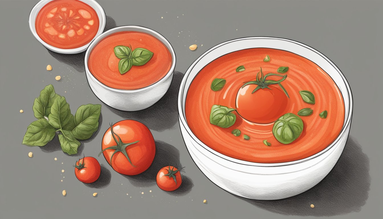 A ripe tomato is being blended into a smooth gazpacho, with visible texture and small chunks of the tomato core