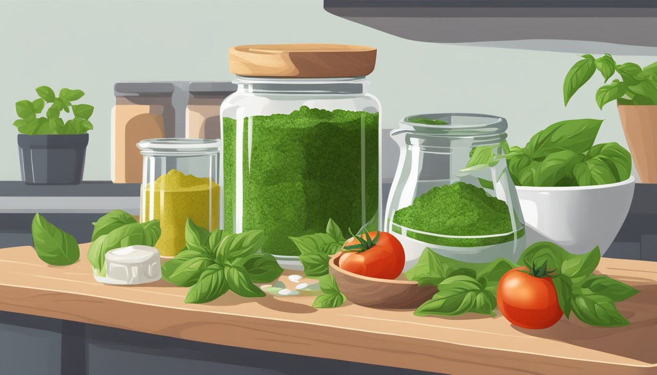 Tomato leaves and basil in a mortar, pestle crushing ingredients into pesto. Glass jar filled with pesto on a shelf