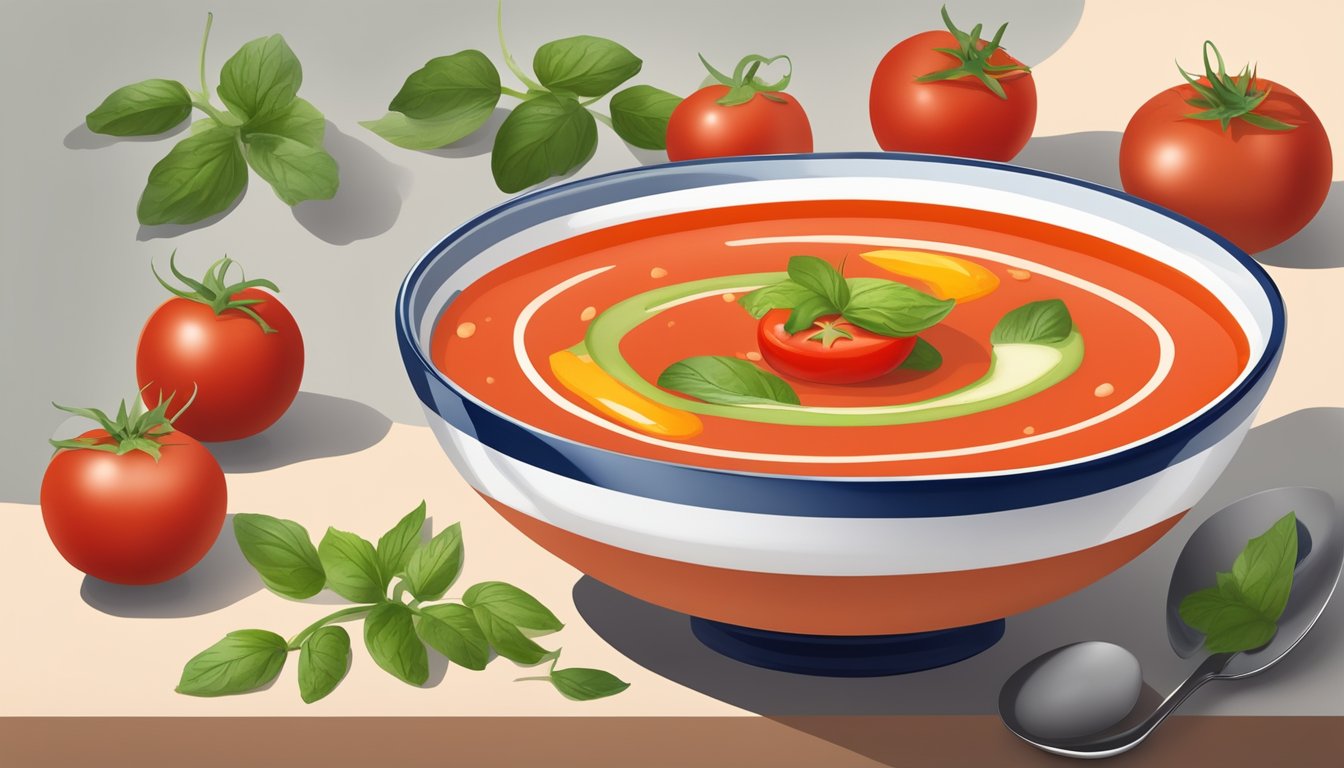 A bowl of gazpacho with a tomato core garnish and artistic presentation