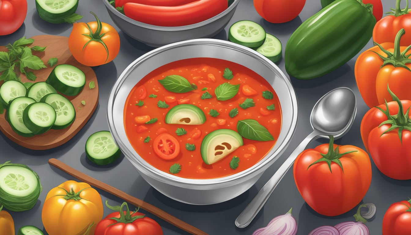 A bowl of vibrant red gazpacho surrounded by fresh tomatoes, cucumbers, and bell peppers. A spoon rests on the side, ready to be used