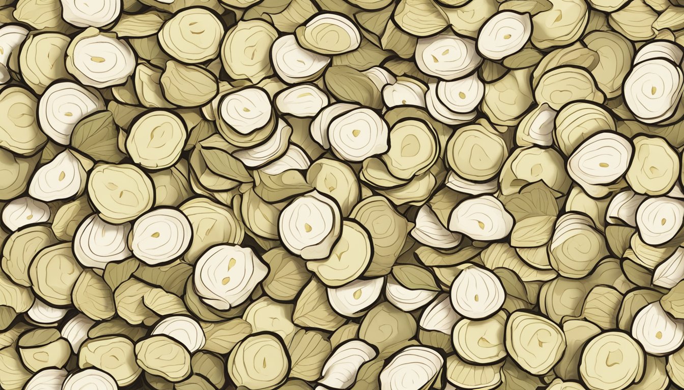 A pile of turnip peel chips arranged in a circular pattern, with a few scattered whole turnips in the background