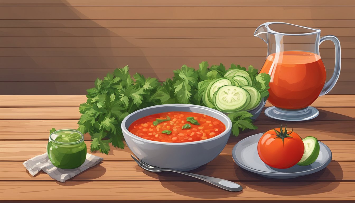 A glass pitcher of tomato core gazpacho sits on a wooden table next to a bowl of freshly chopped vegetables