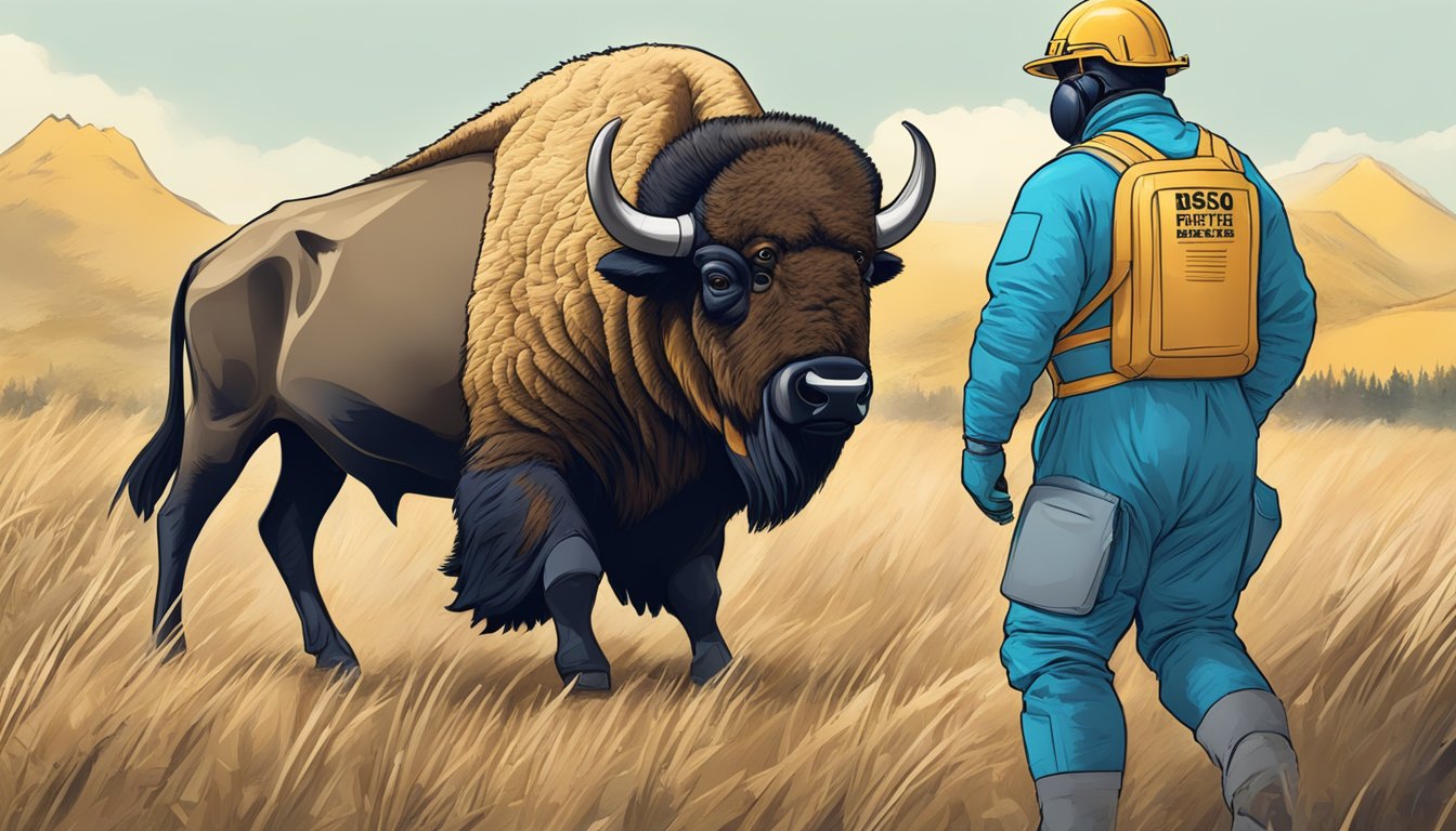 A person in protective gear field dresses a bison, following health and safety best practices