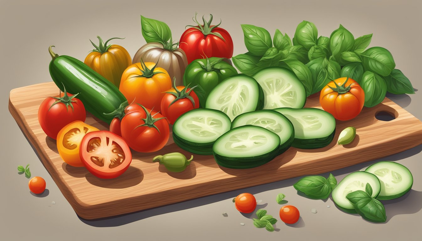 A vibrant array of fresh tomatoes, cucumbers, bell peppers, and onions arranged on a wooden cutting board, surrounded by scattered basil leaves and a drizzle of olive oil