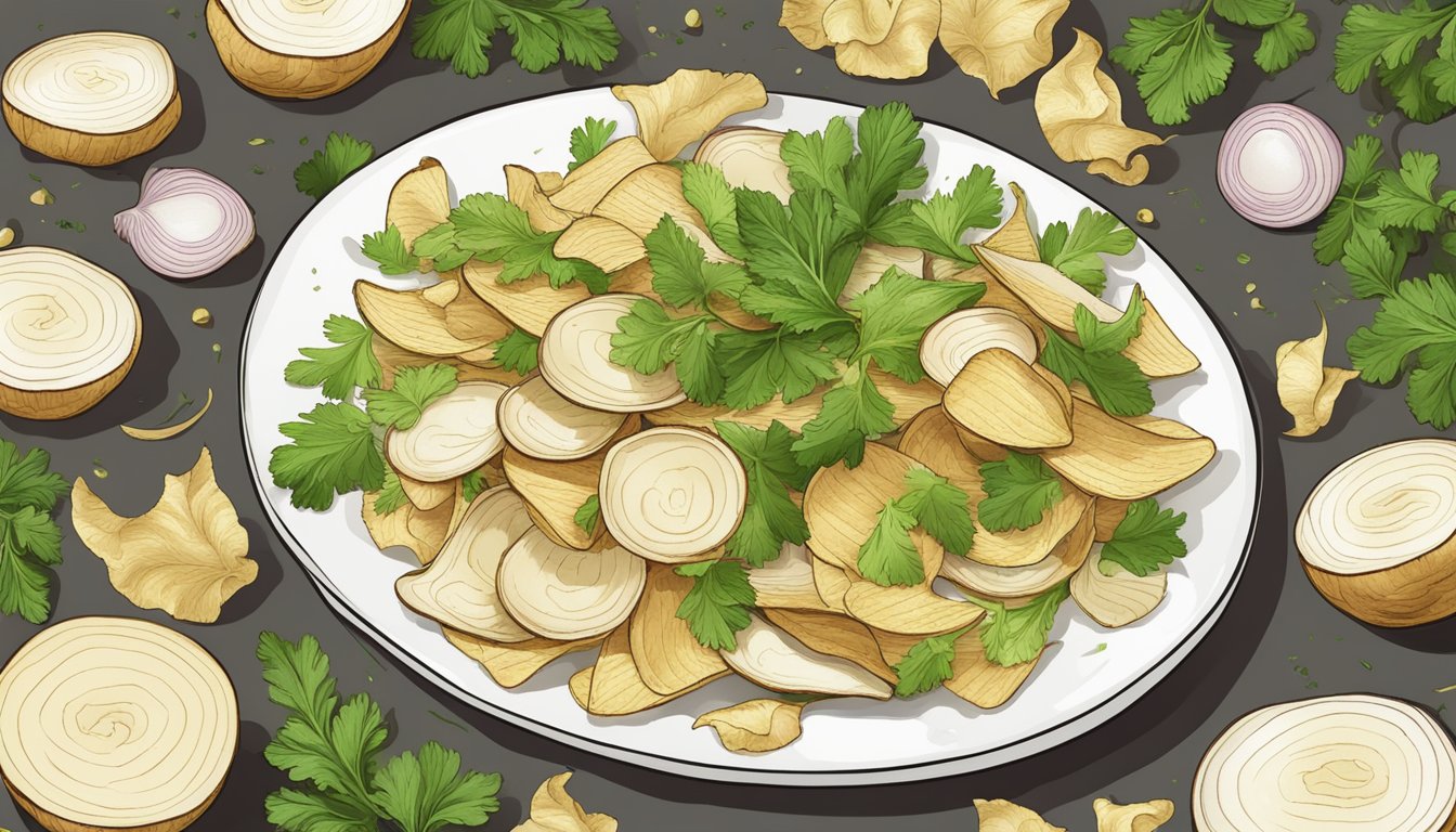 A plate of crispy turnip peel chips surrounded by fresh turnips and herbs