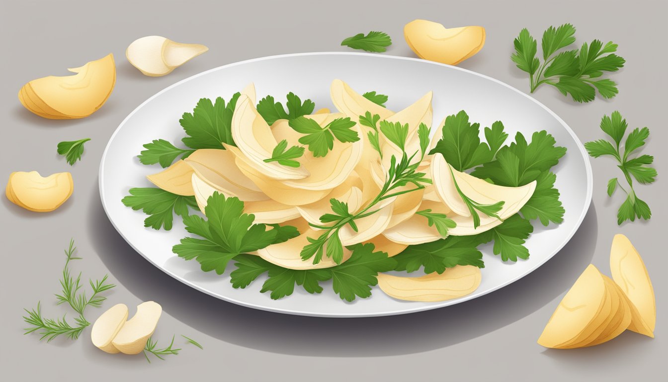 A plate of turnip peel chips arranged in a circular pattern, garnished with a sprig of fresh herbs