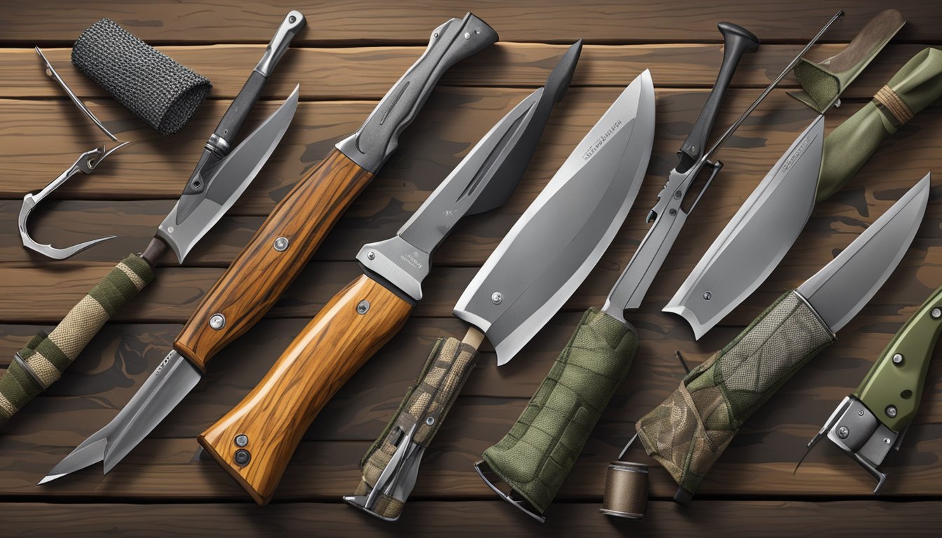 A variety of field dressing blades arranged on a wooden table, with a backdrop of hunting gear and camouflage