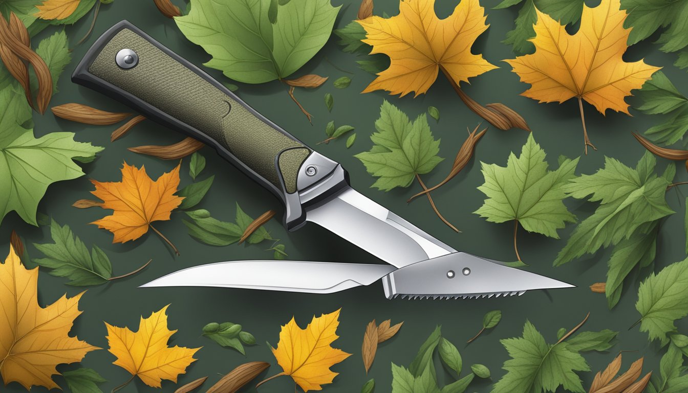 A sharp field dressing blade surrounded by leaves and twigs