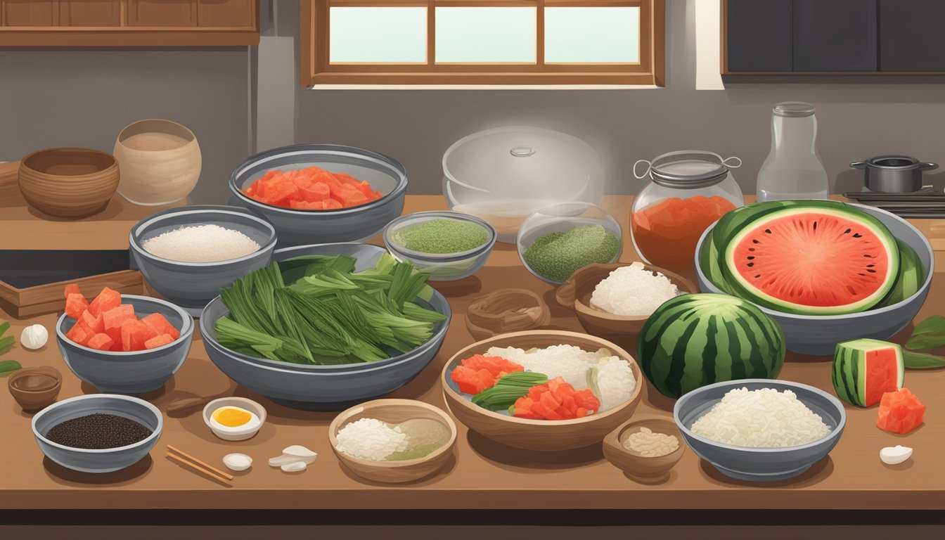 A traditional Korean kitchen with various ingredients and utensils laid out for making kimchi, including watermelon rinds and spices