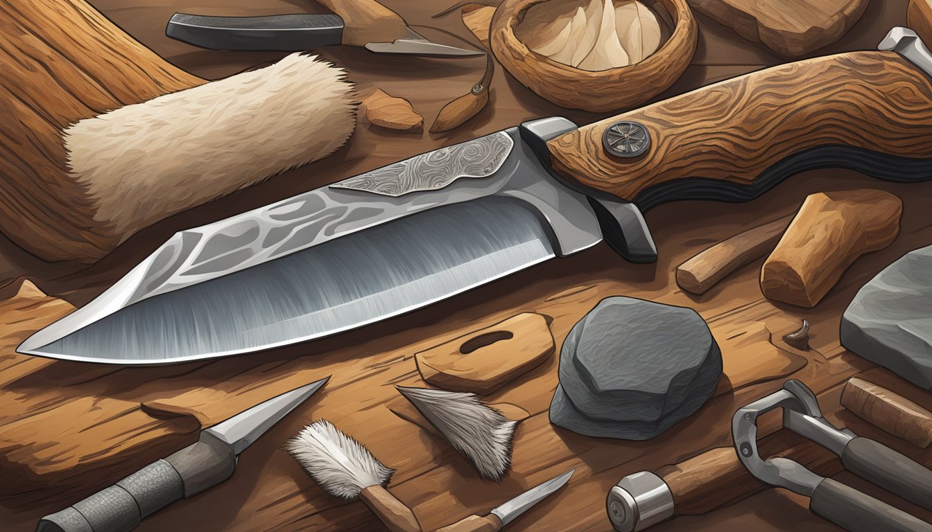 A sharp knife slicing through animal hide, surrounded by tools and a hunting scene