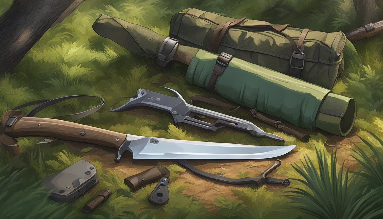 A field dressing blade lies next to additional hunting gear in the forest clearing