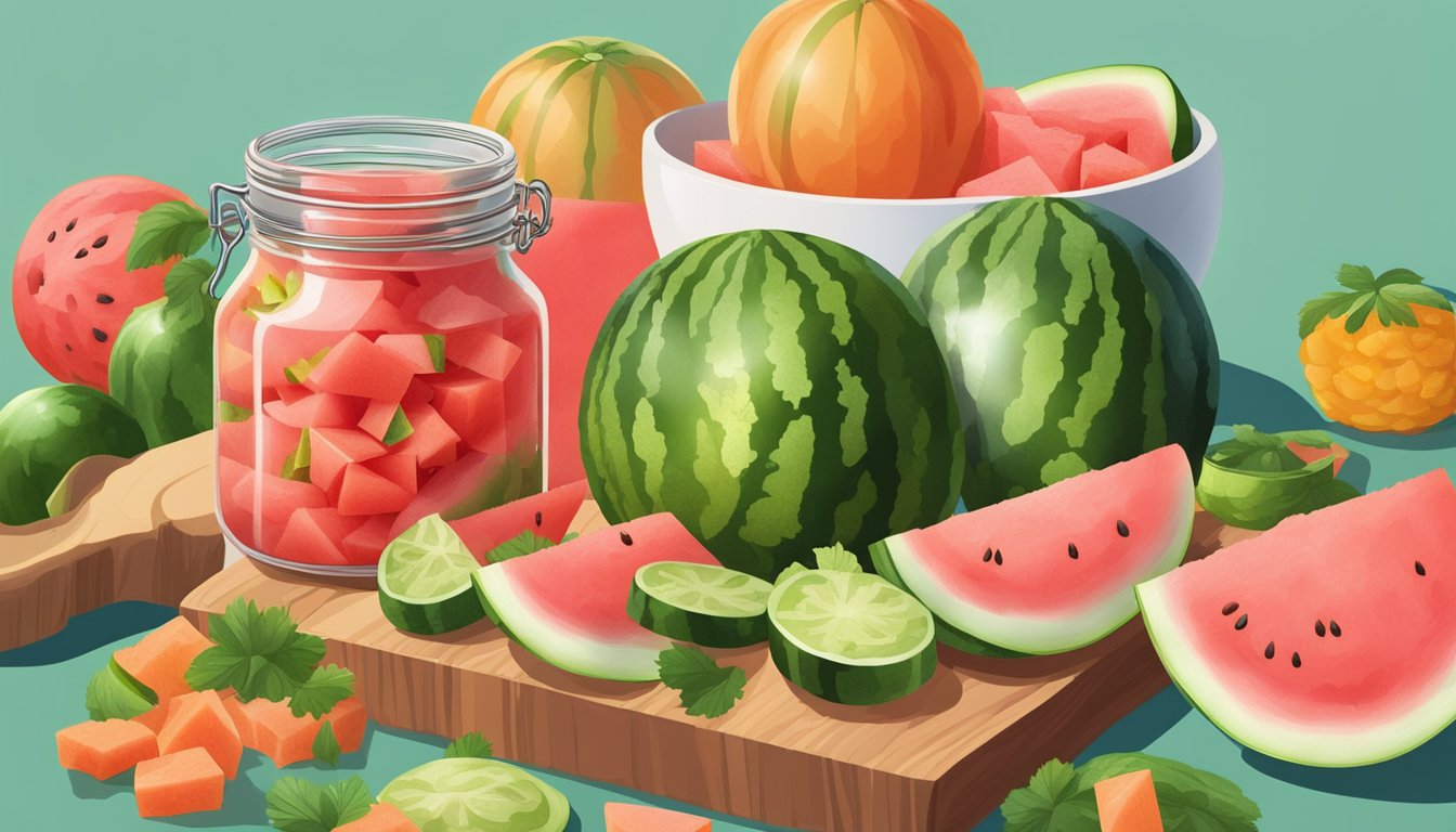 A jar of watermelon rind kimchi surrounded by fresh watermelon slices and various colorful vegetables on a wooden cutting board