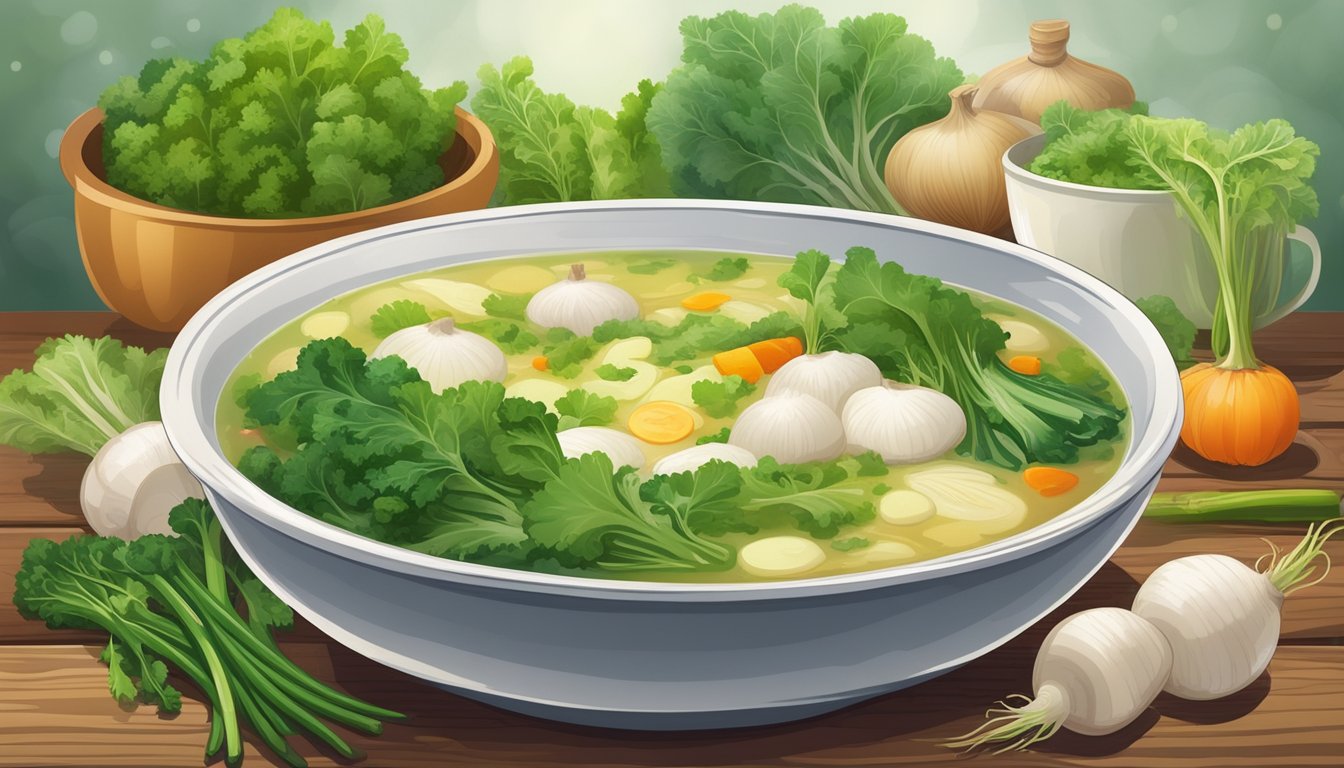 A steaming bowl of turnip top soup surrounded by fresh turnip greens and other colorful vegetables on a rustic wooden table