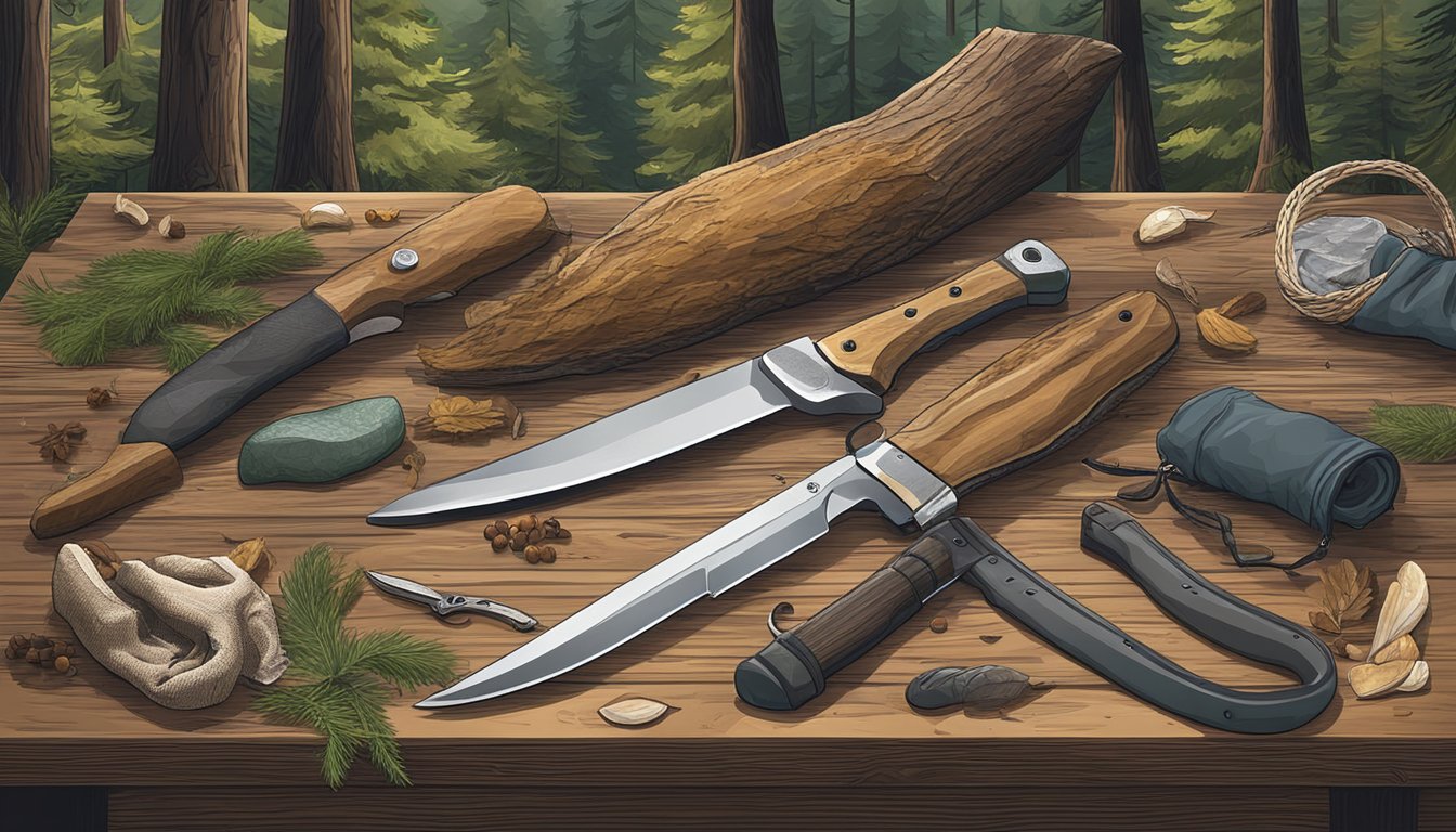 A hunter's knife, gloves, and a deer carcass laid out on a wooden table in a forest clearing