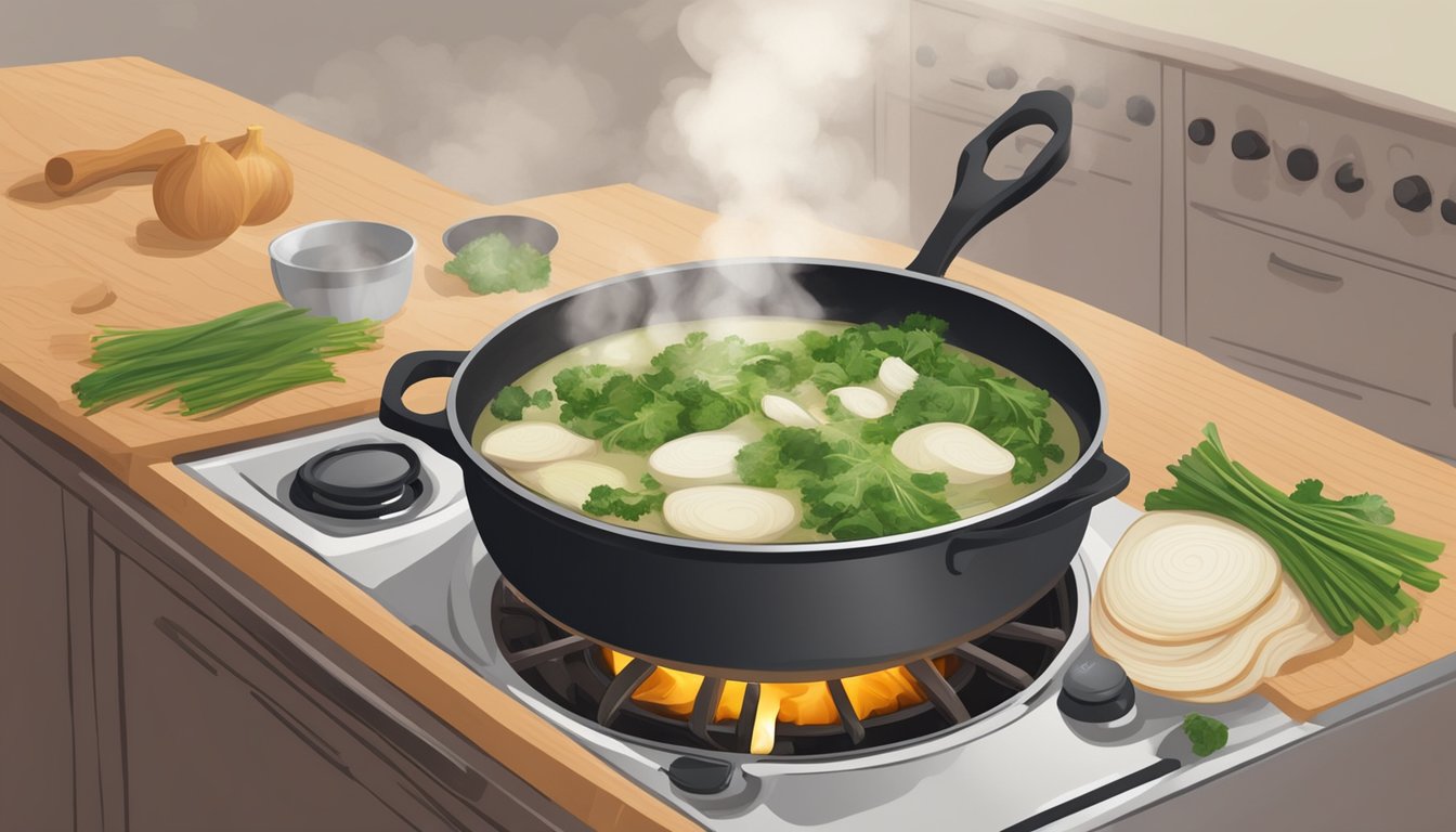 A pot simmering on a stove, filled with chopped turnip tops, onions, and broth. A wooden spoon rests on the edge