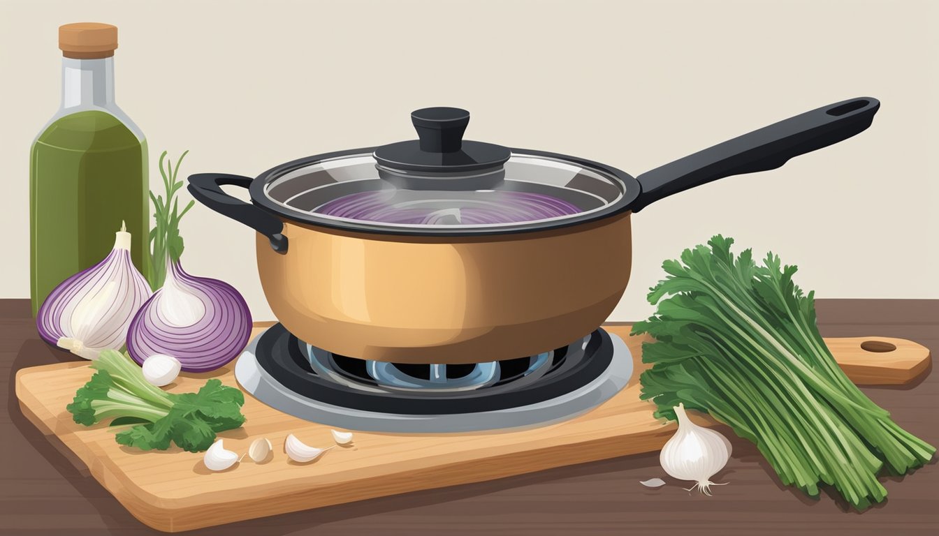 A pot boiling on a stove with turnip tops, onions, and garlic being chopped on a cutting board nearby