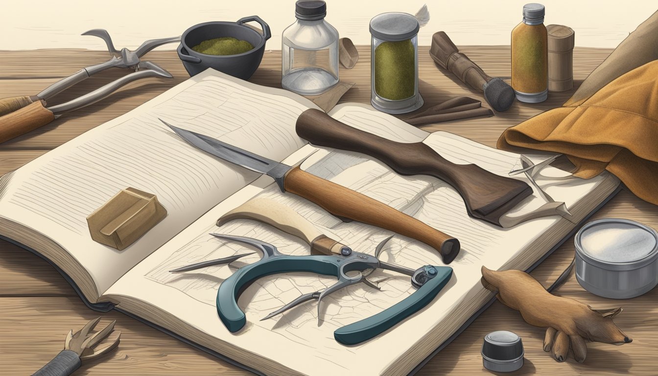 A hunter's hands expertly field dressing a deer, surrounded by tools and a field dressing book