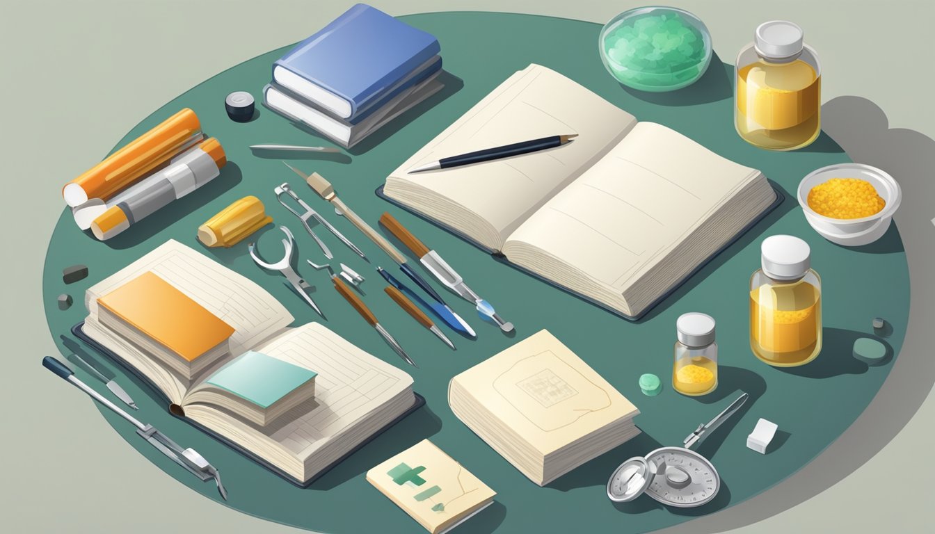 A table with a field dressing book, surrounded by medical supplies and tools