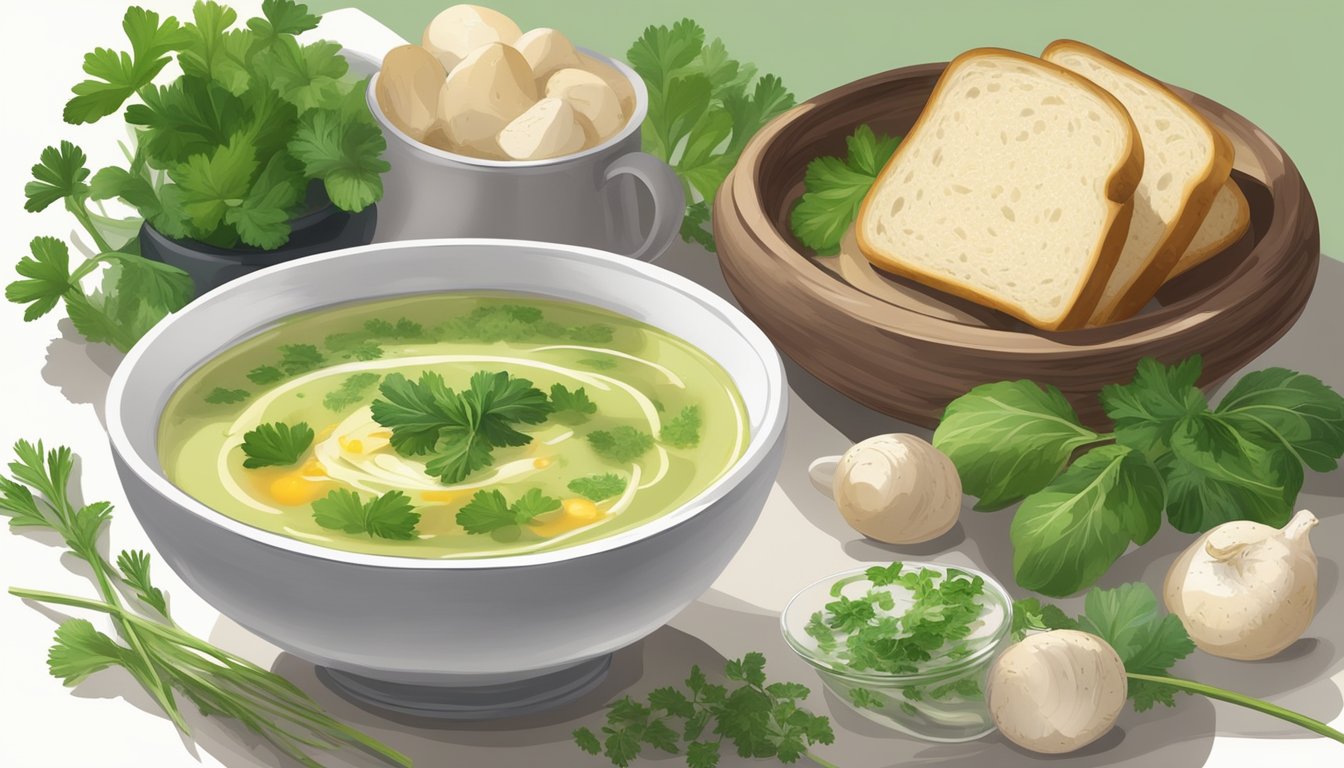 A bowl of turnip top soup with a sprinkle of fresh herbs and a slice of crusty bread on the side