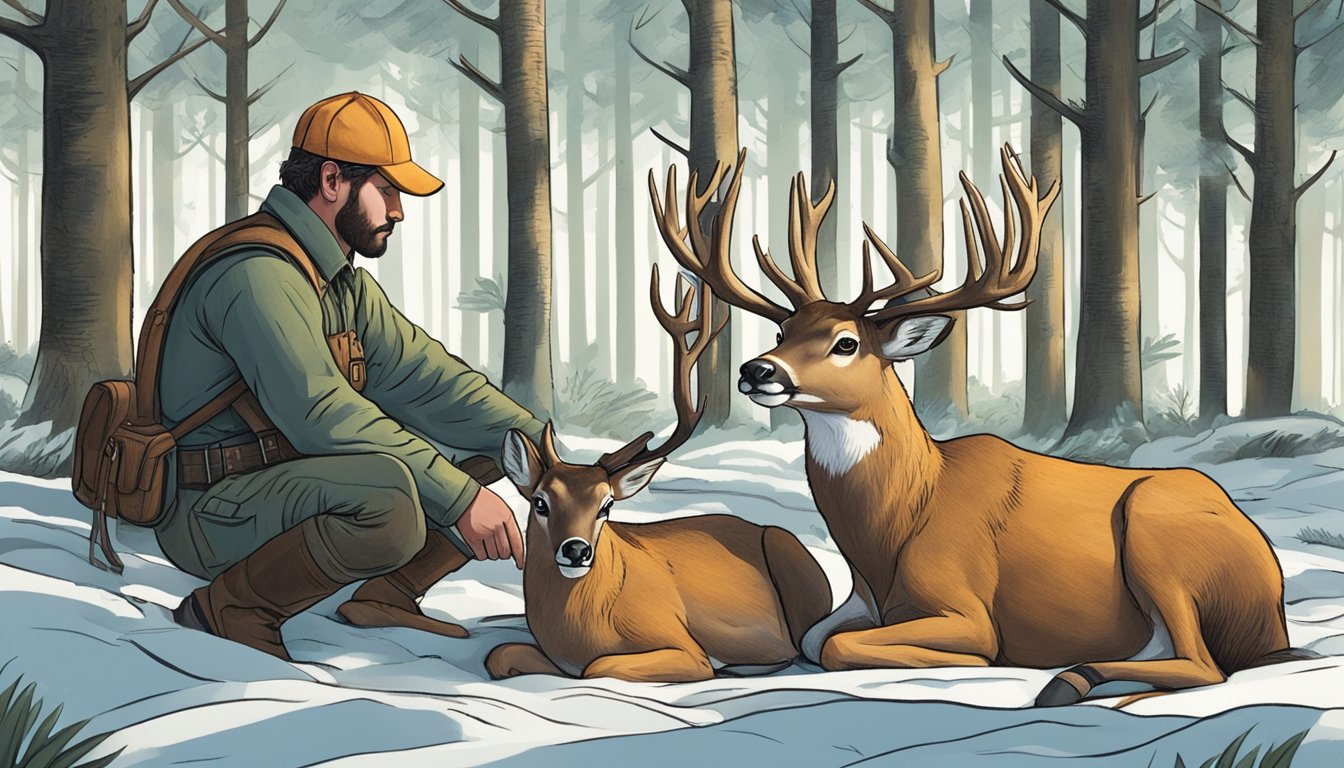 A hunter carefully field dresses a deer, following ethical and legal guidelines from a book. The scene is set in a peaceful forest clearing