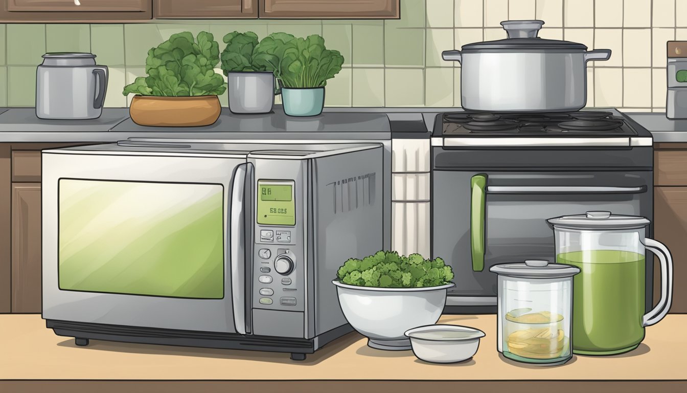 A pot of turnip top soup sits on a stove next to a labeled container. A microwave and refrigerator are nearby, with clear instructions for reheating and storage