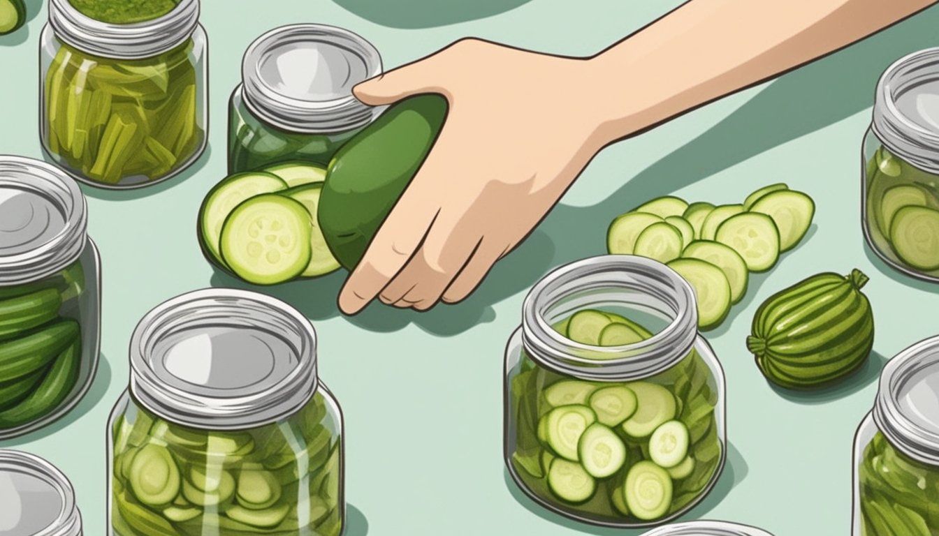 A person slicing zucchini and placing them in jars with pickling liquid