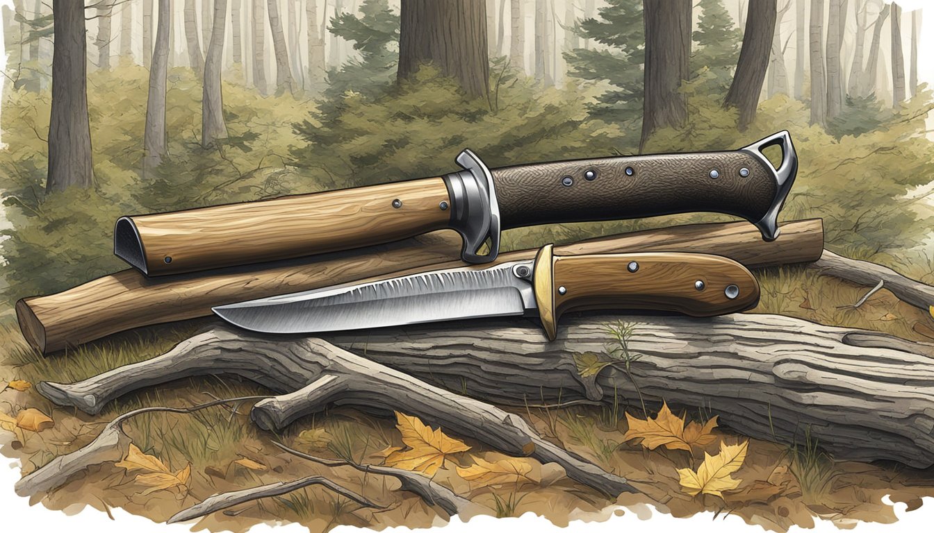 A hunting knife, a deer carcass, and a wooded clearing