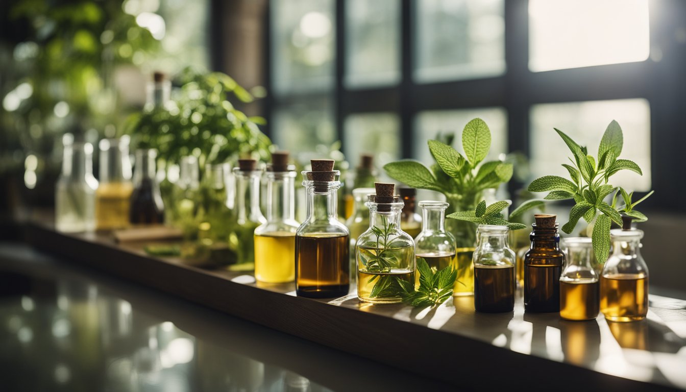 A botanical laboratory displays plants, fruits, and herbs with glass beakers and dropper bottles of concentrated essential oils and extracts, illuminated by soft natural light