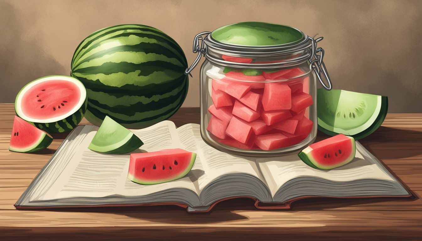 A jar of watermelon rind pickles surrounded by slices of watermelon and a vintage recipe book on a rustic kitchen table