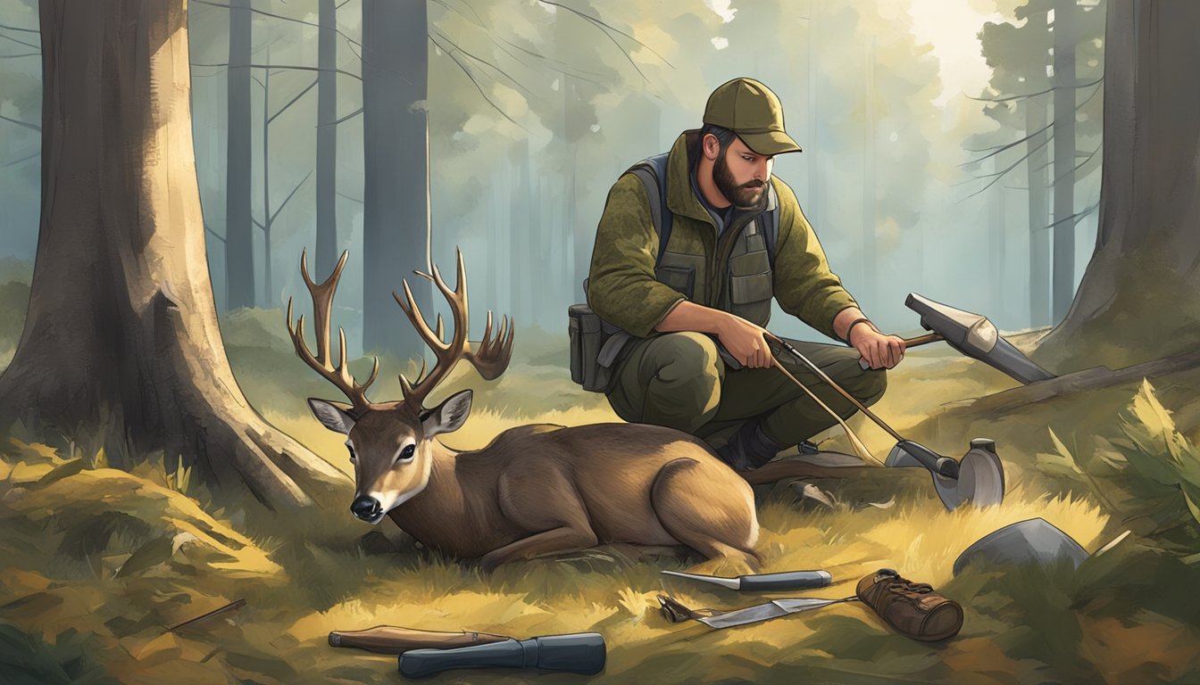 A hunter carefully cleans and dresses a freshly caught deer in a forest clearing, surrounded by tools and following safe practices