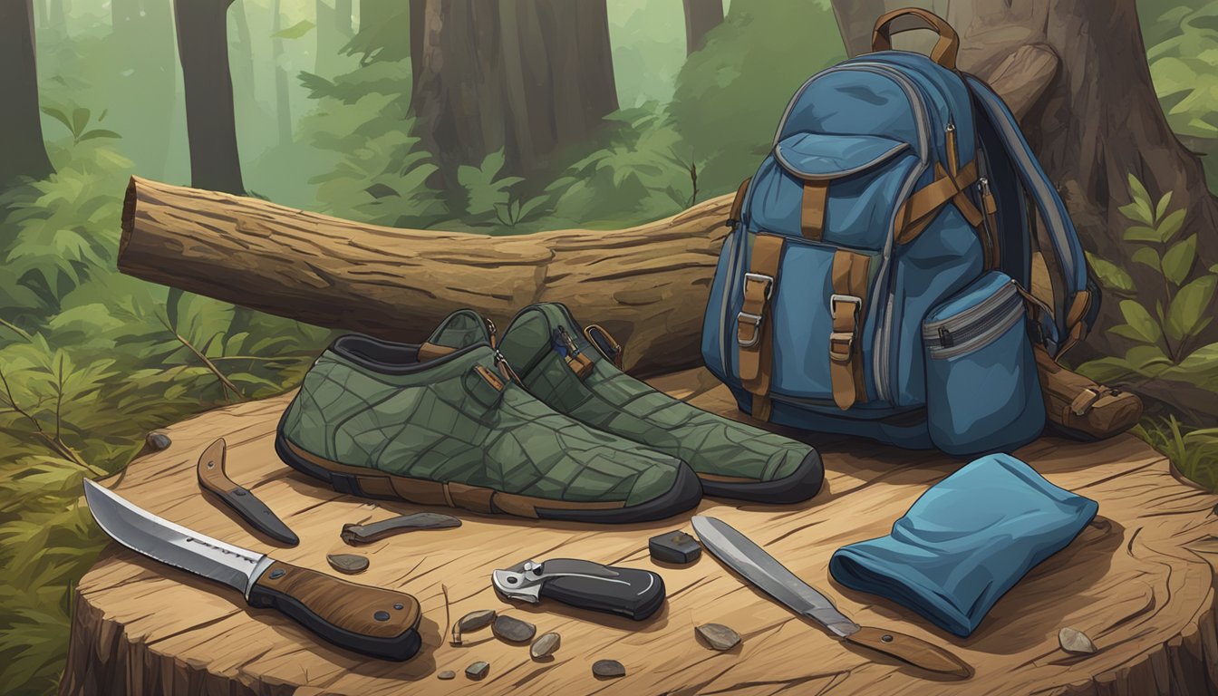 A hunter's knife and gloves laid out on a tree stump in a forest clearing. Nearby, a backpack and a cooler sit on the ground