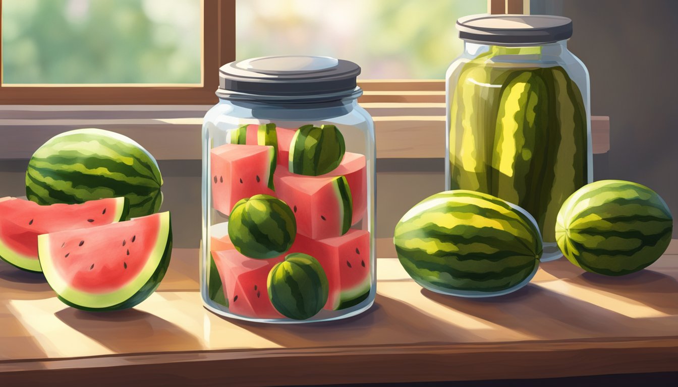 A glass jar filled with watermelon rind pickles sits on a wooden shelf, surrounded by other preserved goods. Light streams in through a nearby window, casting a warm glow on the jar