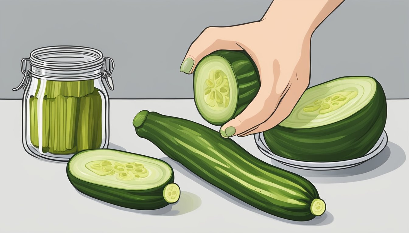 Zucchini being sliced and placed in jars with pickling spices