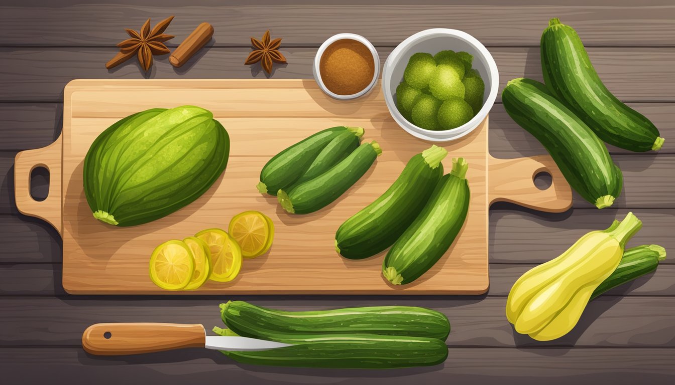 A wooden cutting board with zucchinis, vinegar, salt, and spices arranged for pickling