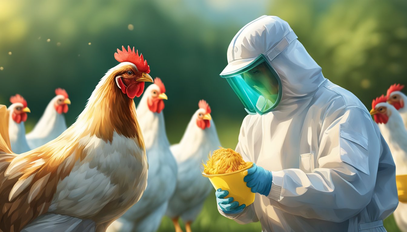 A person in protective gear field dresses a chicken outdoors