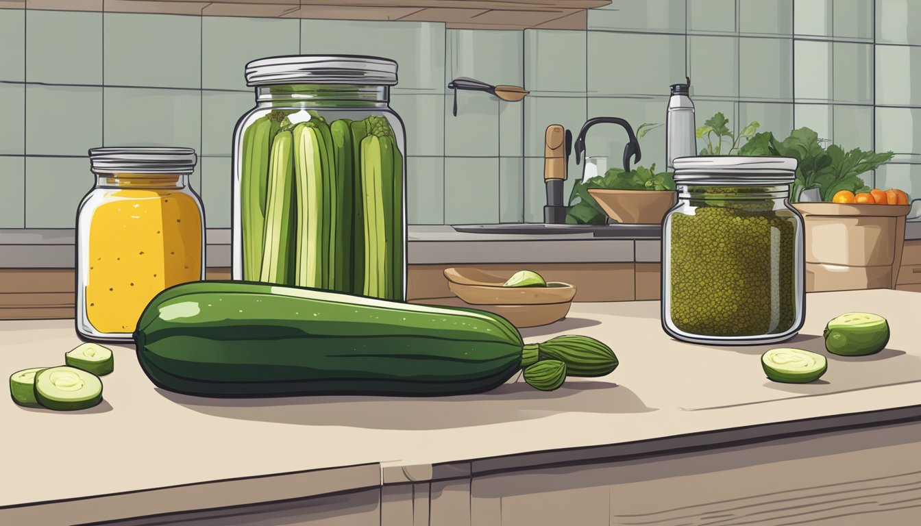 Fresh zucchinis and pickling spices arranged on a clean kitchen counter, alongside empty glass jars and a pot of boiling vinegar