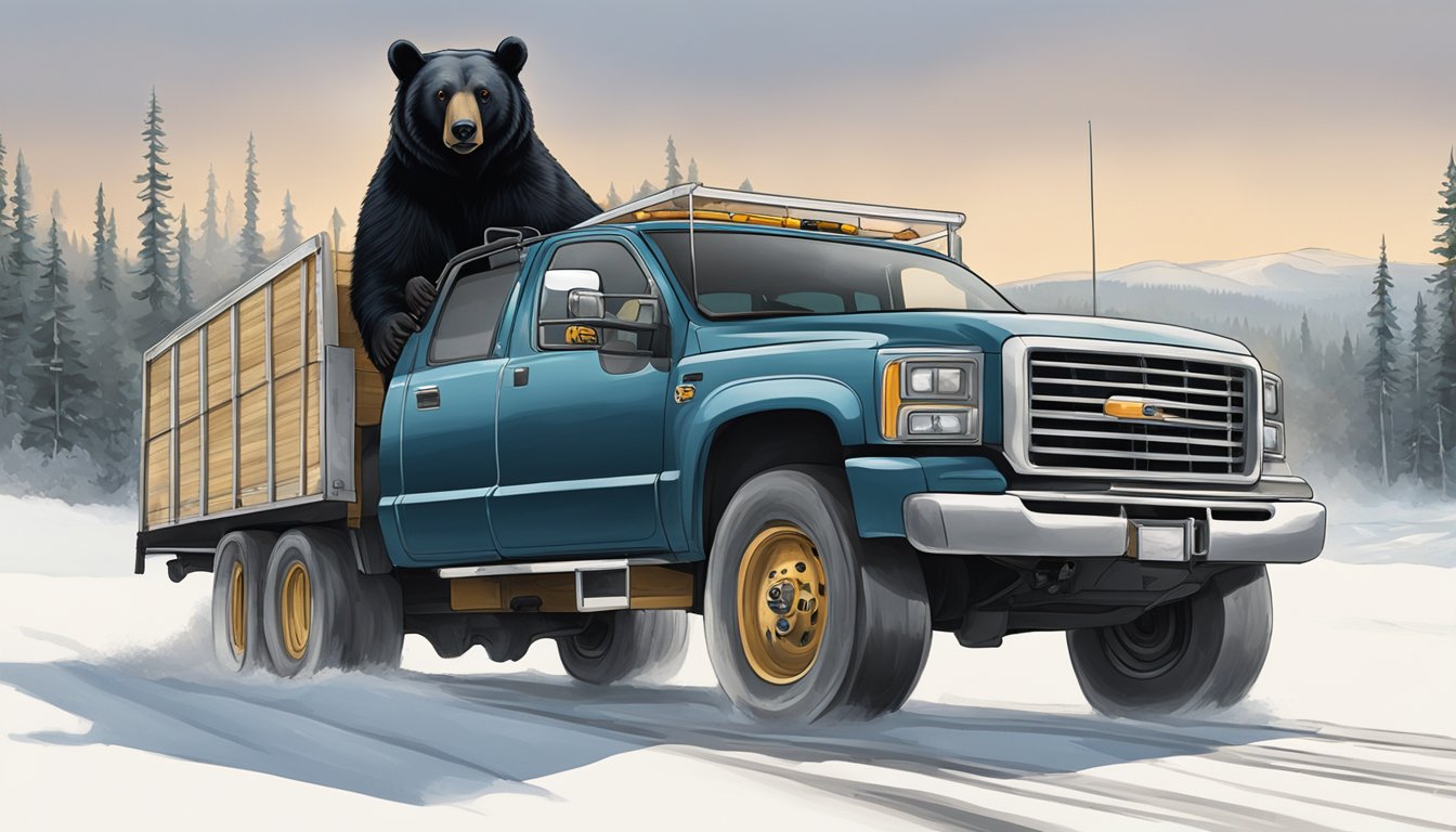 A black bear being transported in a truck while being field dressed and cooled