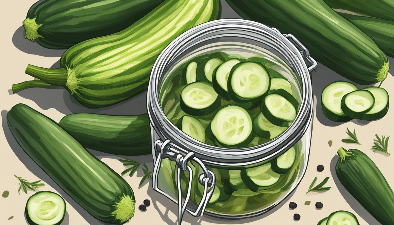 A jar of pickling liquid and brine surrounds freshly cut zucchini stems. A small bunch of herbs and spices are scattered nearby