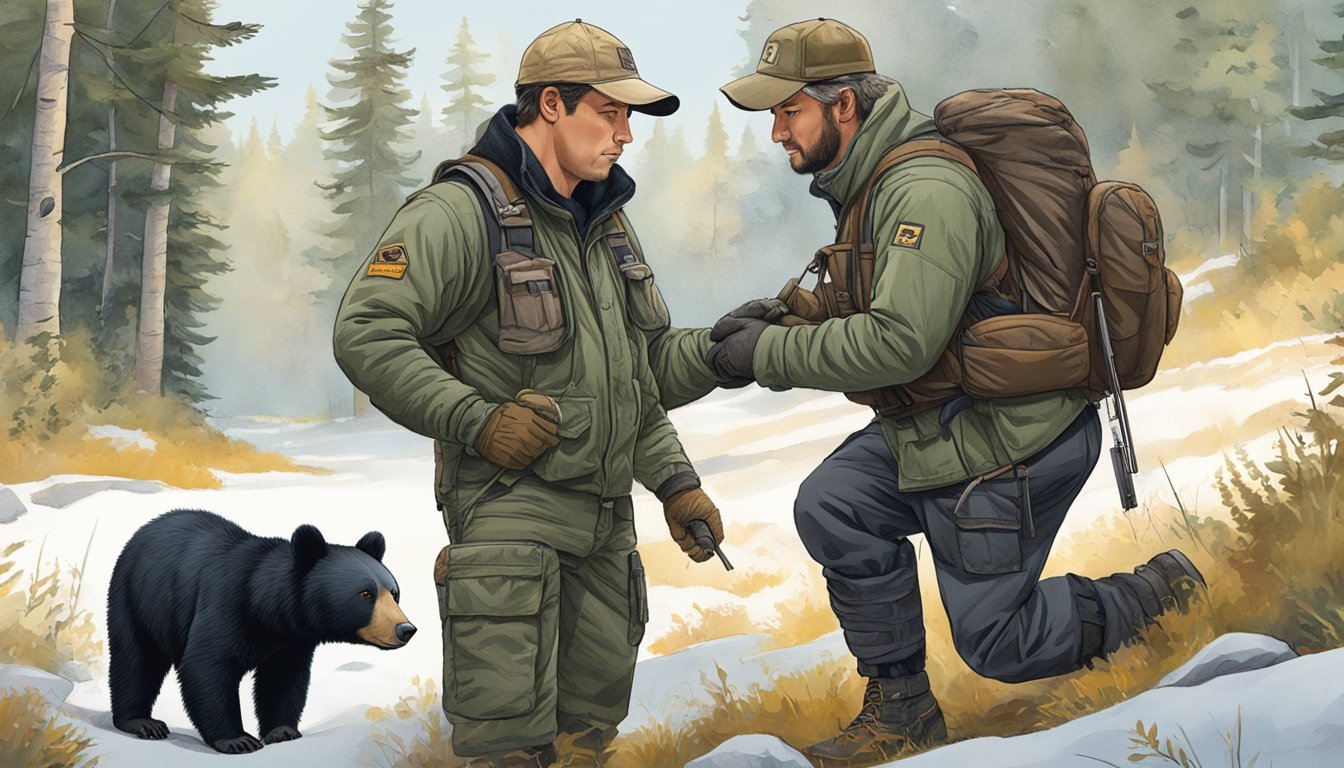 A hunter in outdoor gear carefully field dresses a black bear