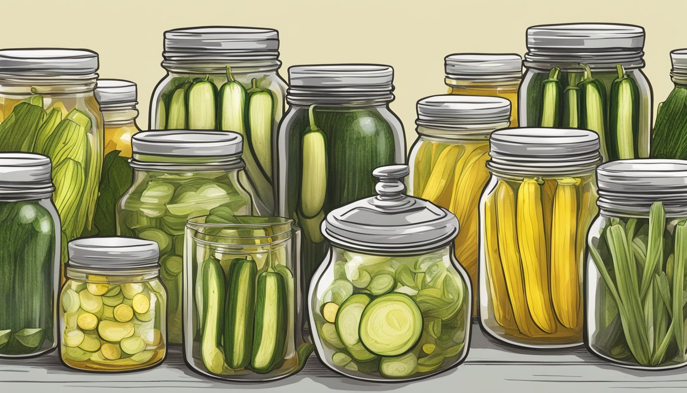 A jar of zucchini stem pickles being prepared with various alternative pickling methods