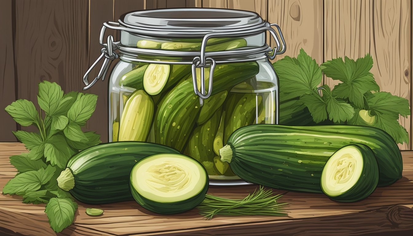 A jar of zucchini stem pickles surrounded by fresh zucchinis and herbs on a rustic wooden table